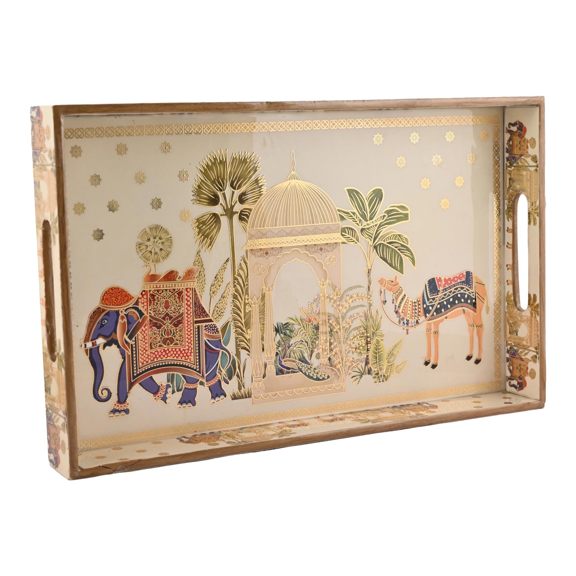 HomeShastra® Wooden Serving Tray with Gold Engraving | Set of 1 | Size : 16 x 10 inch | Enamel Coated Waterproof | Rectangular | Decorative Trays | Royal Camel Large
