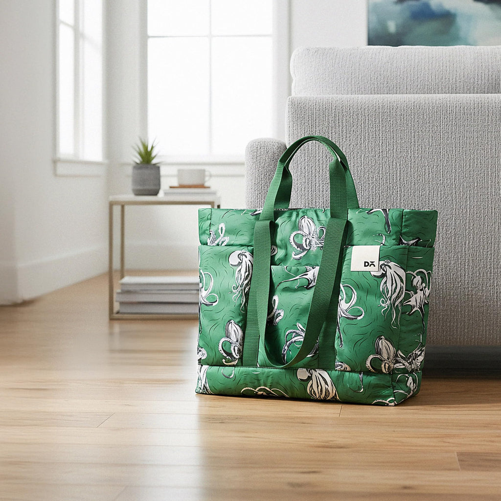 DailyObjects Idyll Western Tote Bag For Girls &Women | Crafted Using Soft-Touch & Water-Repellent Polyester | Polyfill Cushioning On The Inside | Holds Any Laptops Upto 14'' (Color - Green)