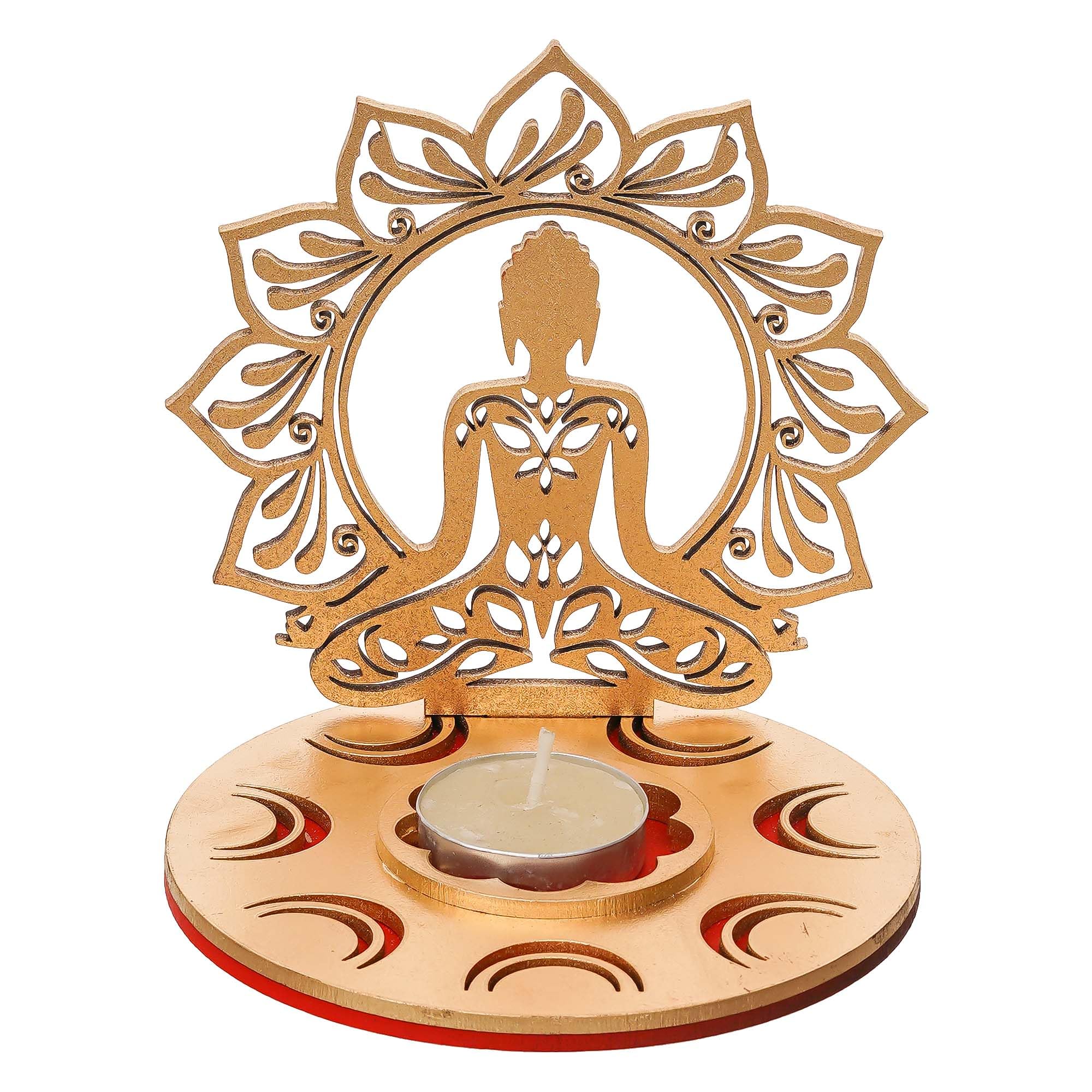 eCraftIndia Red and Golden MDF Wooden Lord Buddha Lotus Shadow Decorative Tea Light Candle Holder, Diya Stand for Home Decoration | Buddha Purnima, Diwali Decoration Item | Diwali Gift for Festival