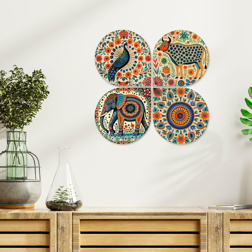 Artvibes Folk Fusion Wooden Art Decoration Item for Living Room | Wood Decorative Items | Modern Decoration | Artwork | Festive Decor | Wall Poster | Handcrafted Art | Unique Gift (WH_8446N), Set of 4