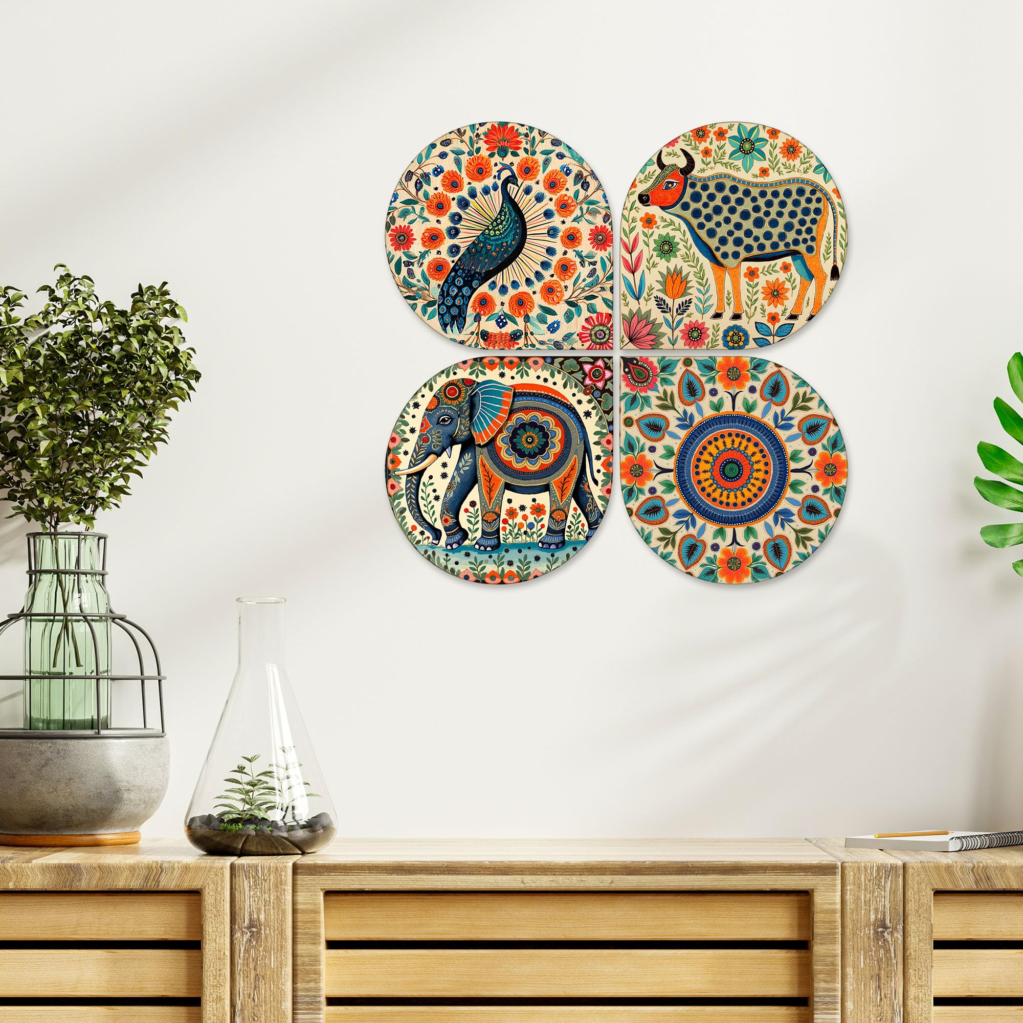Artvibes Folk Fusion Wooden Art Decoration Item for Living Room | Wood Decorative Items | Modern Decoration | Artwork | Festive Decor | Wall Poster | Handcrafted Art | Unique Gift (WH_8446N), Set of 4