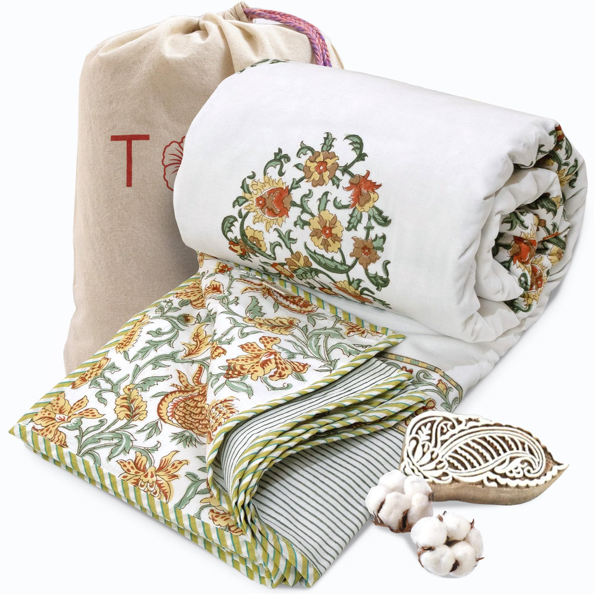 TOAIArt Premium Jaipuri Dohar | AC Blanket Summer Quilt | Hand Block Printed | 3 Layers | Reversible | 150GSM 100% Mulmul Cotton | 100% Cotton Flannel Filling | Queen 90 X 108|Earthy Mugal Motif Kafalo