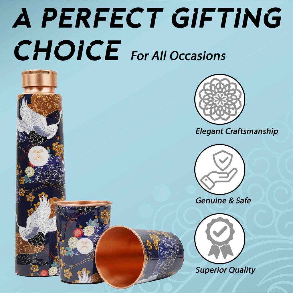 MERCAPE Pure Copper Water Bottle Gift Set 900 ml with 2 Copper Glasses (300 ml Each) | Printed Design | Leak-Resistant Screw Cap | Reusable Copper Drinkware Set for Home, Office & Gifting