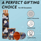 MERCAPE Pure Copper Water Bottle Gift Set 900 ml with 2 Copper Glasses (300 ml Each) | Printed Design | Leak-Resistant Screw Cap | Reusable Copper Drinkware Set for Home, Office & Gifting