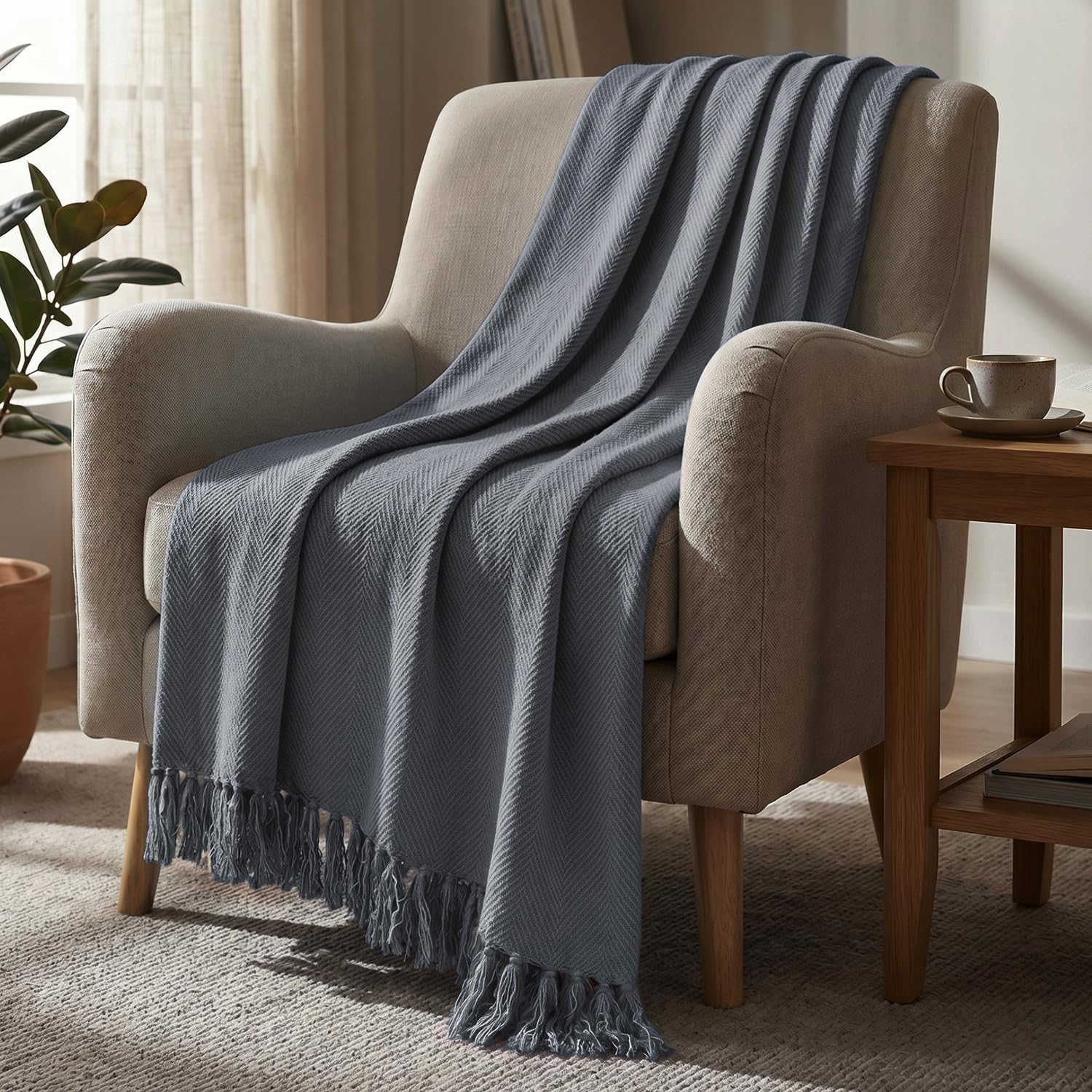 HOKIPO Drift Grey All Season Cotton Sofa Throw 50x60 Inches, Soft Decorative Living Room Sofa Throw Blanket with Tassels, 'Blush Haven' Series (IN-1134-GRY) Kafalo