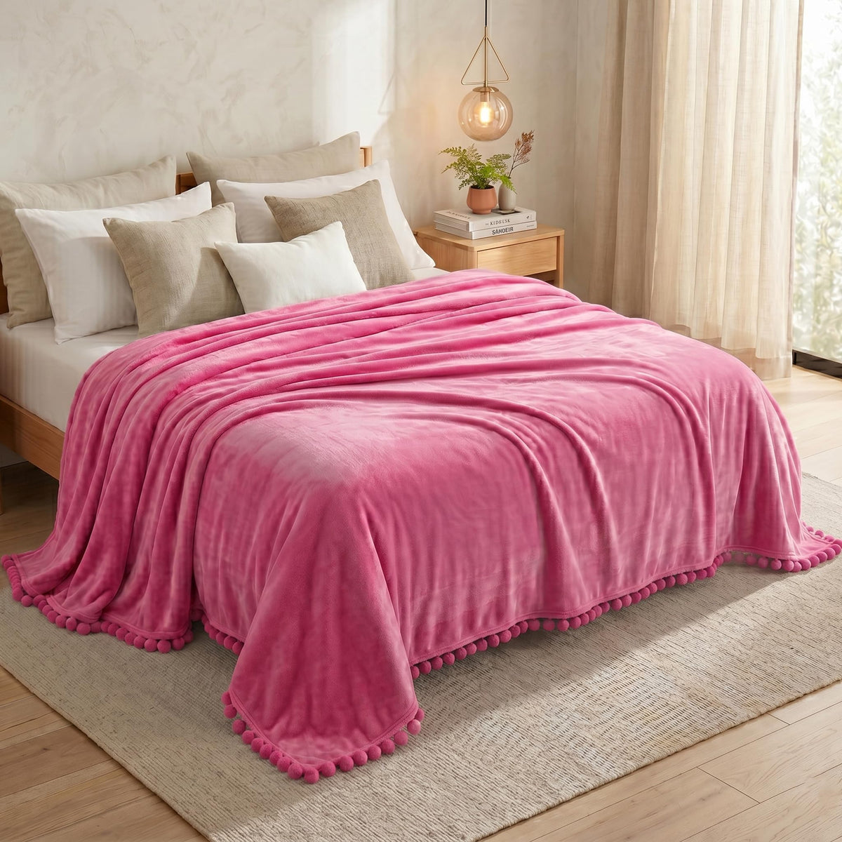 VAS COLLECTIONS Premium Plush Fleece Blanket 250 GSM | Ultra Soft Lightweight Cozy Throw with Pom-Pom Trim | Multipurpose for Bed, Sofa, Couch, Travel & Camping | 228x228 cm (90x90 Inches), Pink Kafalo