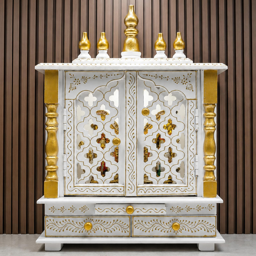 Vipron 15'' White Wooden Hindu Temple for Home Handpainted Mandir with Door Wall Mount Pooja Ghar