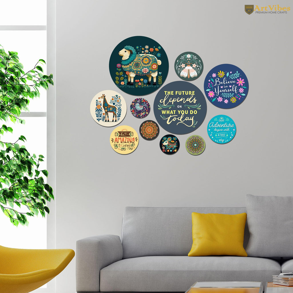 Artvibes The Future Depends On What You Do Today Round Shape MDF Wooden Wall Decor Items | Motivational Wall Decor | Wall Accent | Gift Items | Office Wall Decoration Items (WPS_146N), Set of 11