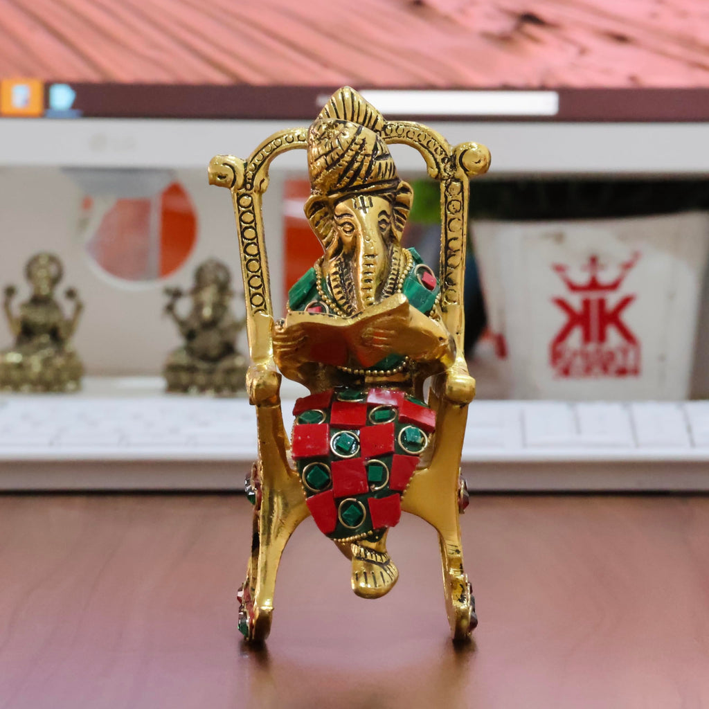 KridayKraft Chair Ganesha ji Reading Book with Stone Work,Ganesha Metal Statue,Ganpati Murti Idol for Pooja & Home,Office Décor Ganesh Idol Religious Showpiece for Decoration & Gifting Article