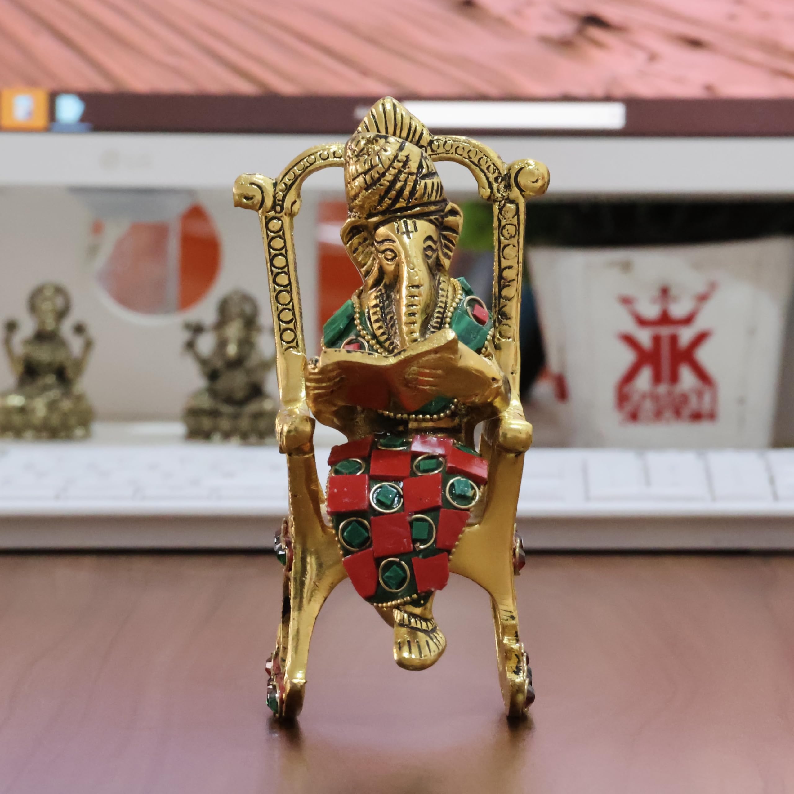 KridayKraft Chair Ganesha ji Reading Book with Stone Work,Ganesha Metal Statue,Ganpati Murti Idol for Pooja & Home,Office Décor Ganesh Idol Religious Showpiece for Decoration & Gifting Article