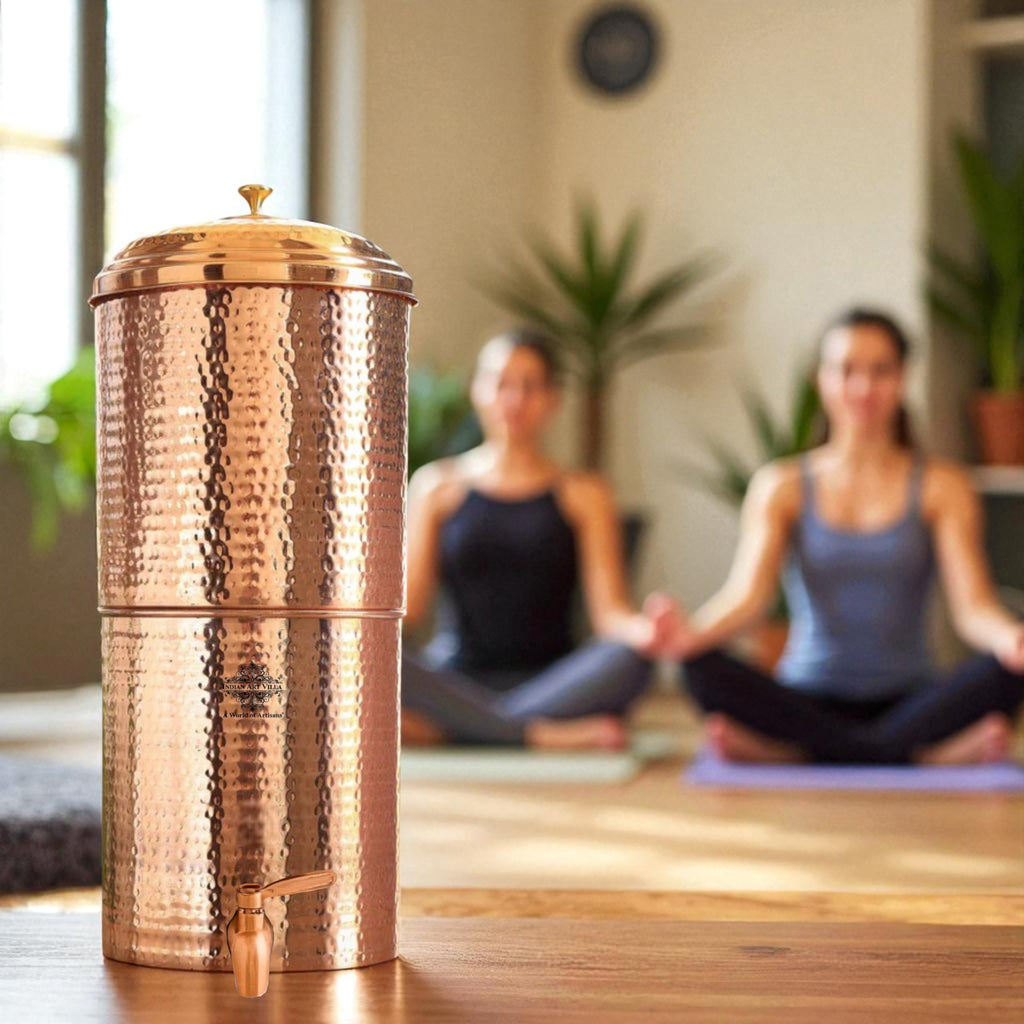Indian Art Villa Copper Hammered Design Filter Water Carafes with Double Filter Candle Inside, 10+10 Capacity, Only 10 Liters Usable for Drinking Water