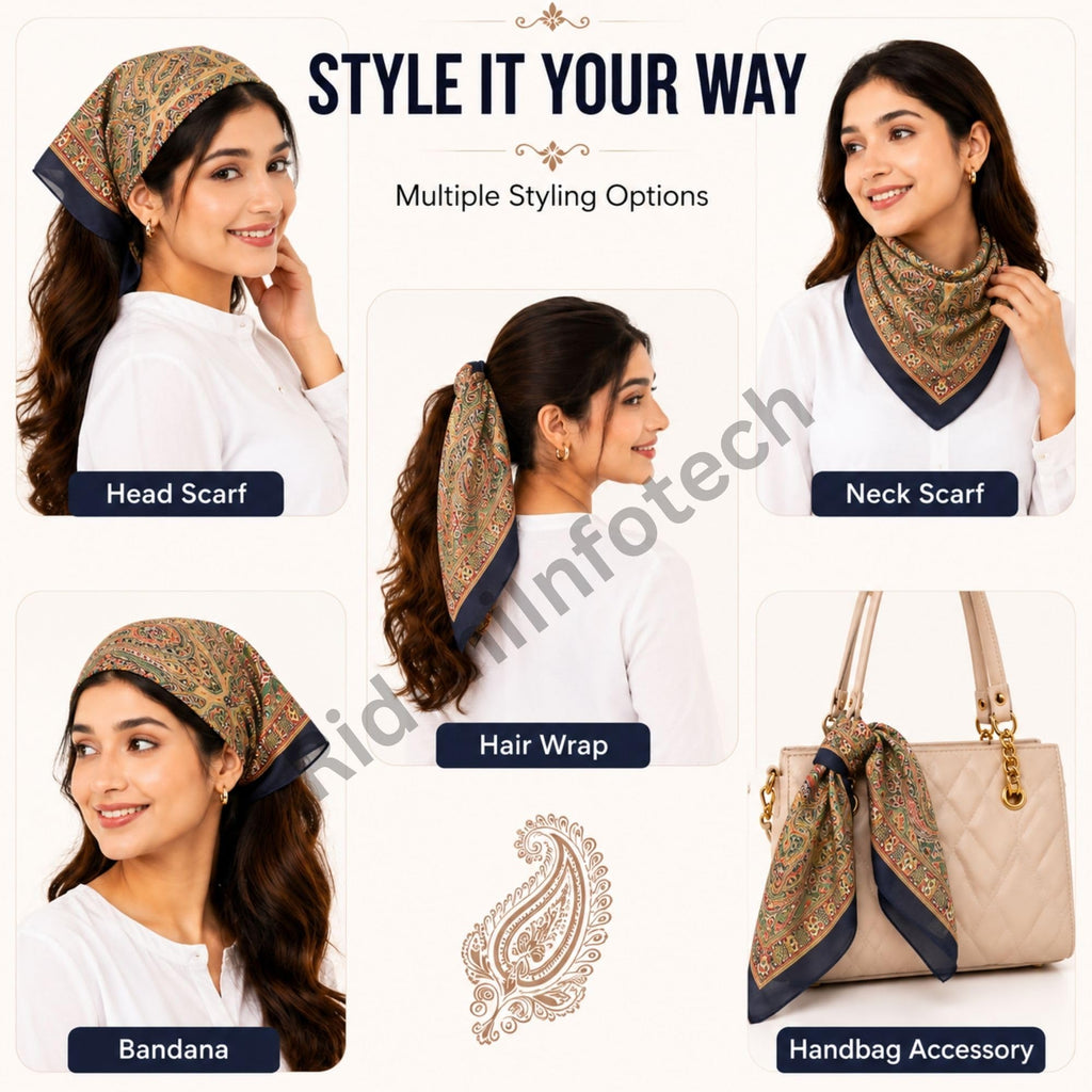 RiddhiInfotech Uttarakhand Pahadi Printed Square Scarf for Women | 26 x 26 Inch Traditional Head Scarf | Vintage Hair Wrap, Bandana, Neck Scarf & Stylish Fashion Accessory | Multicolour