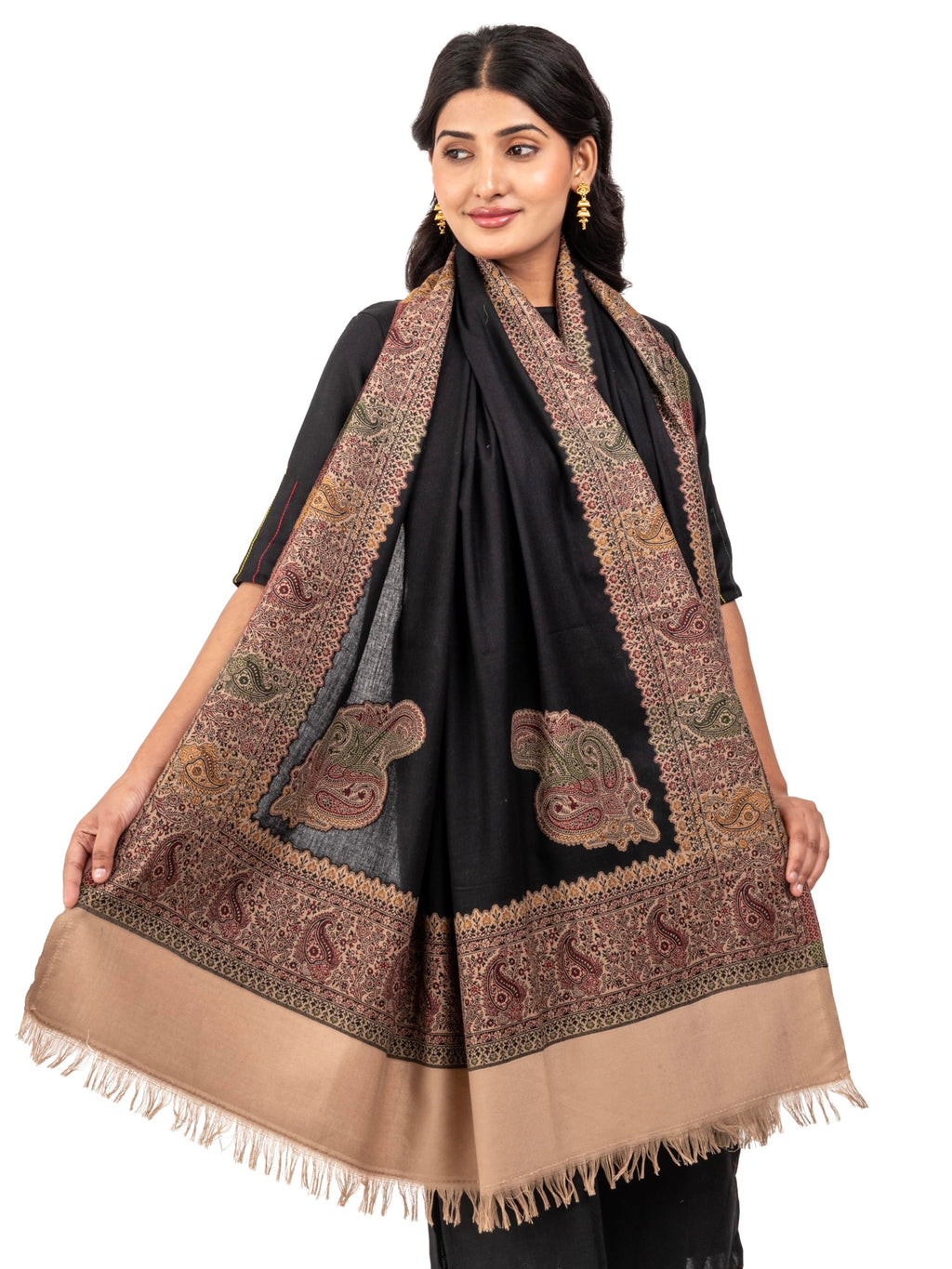 Naureen Women Faux Pashmina Kani Shawl with Contrast Palla, Warm and Soft, 40x80 inch (Black)