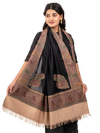 Naureen Women Faux Pashmina Kani Shawl with Contrast Palla, Warm and Soft, 40x80 inch (Black)