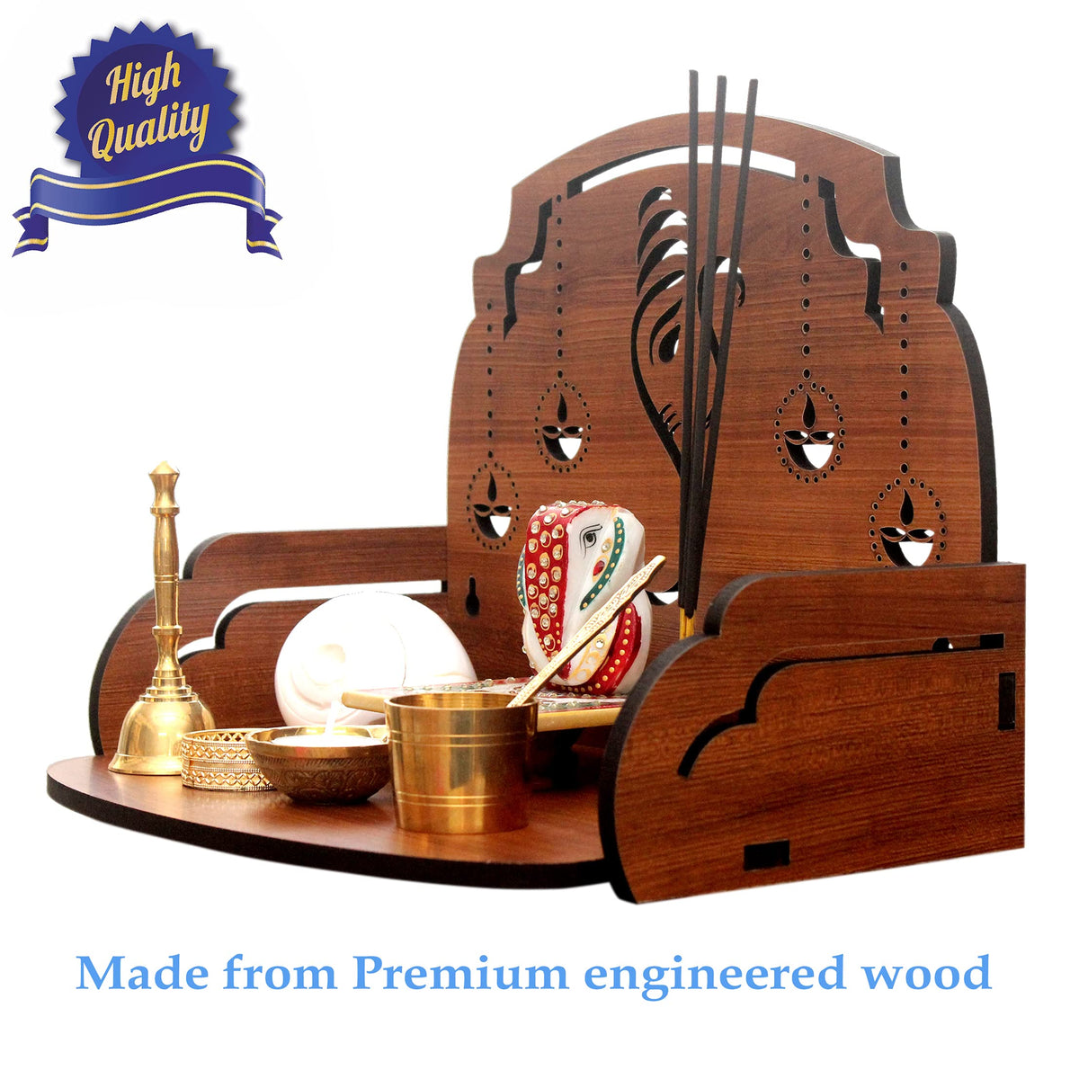 Heartily® Ganesh Diya Beautiful Wooden Pooja Stand Mandir for Home Temple for Office Puja Mandir for Home Wall Product (Height- 9.5, Length- 12, Width-8.5 Inch)