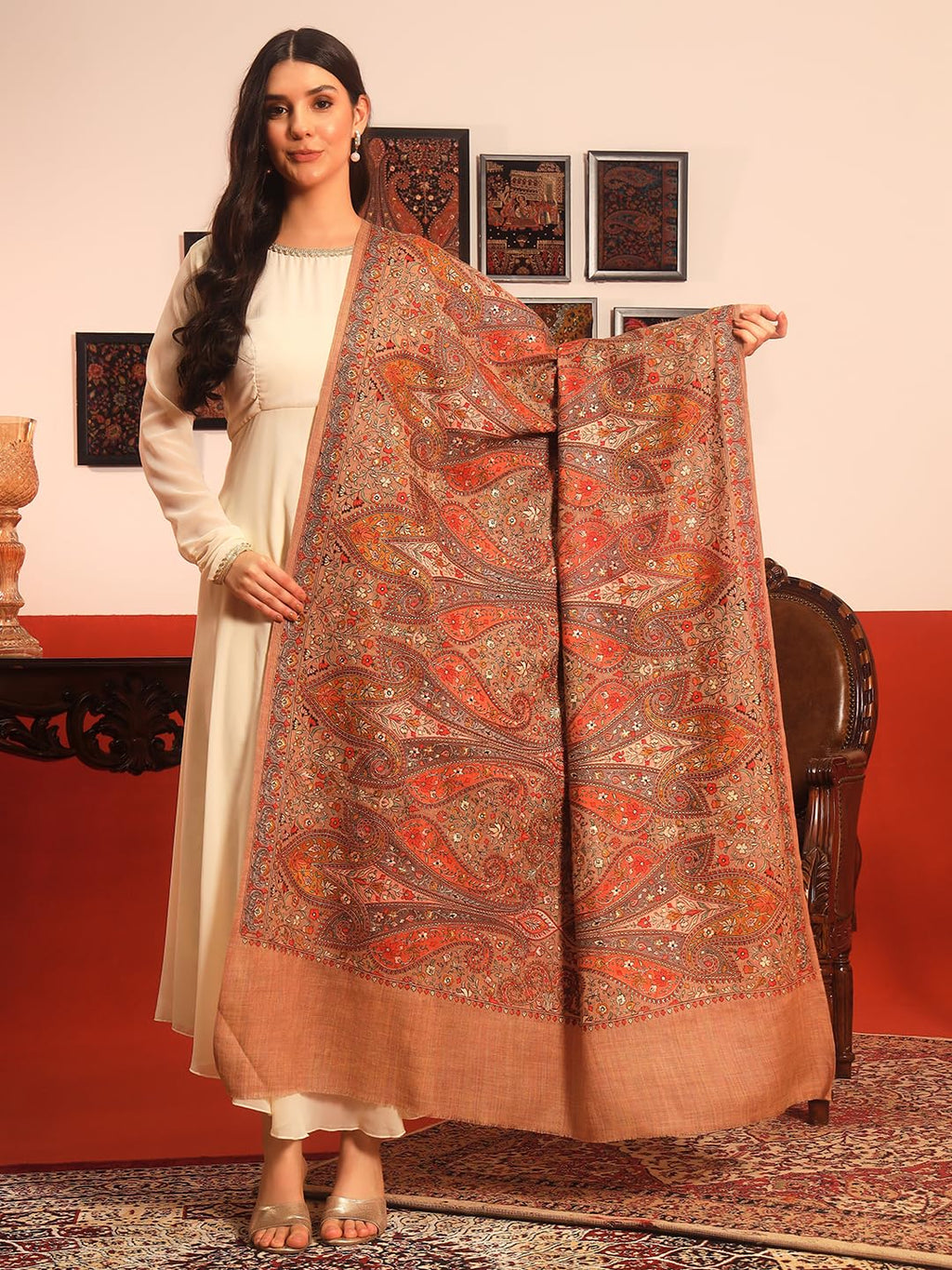 Pashmoda Women Mahnoor 100% Pure Wool Sozni Hand Embroidered Shawl (Size: 40x80in, 101x203cm) LIS40