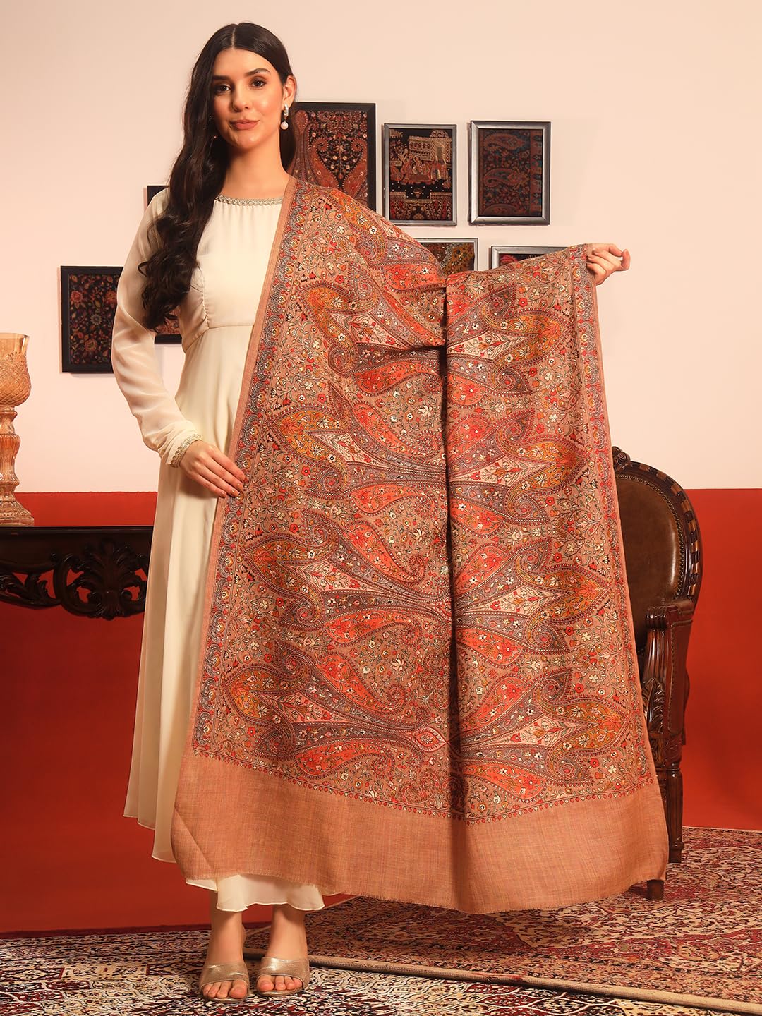 Pashmoda Women Mahnoor 100% Pure Wool Sozni Hand Embroidered Shawl (Size: 40x80in, 101x203cm) LIS40