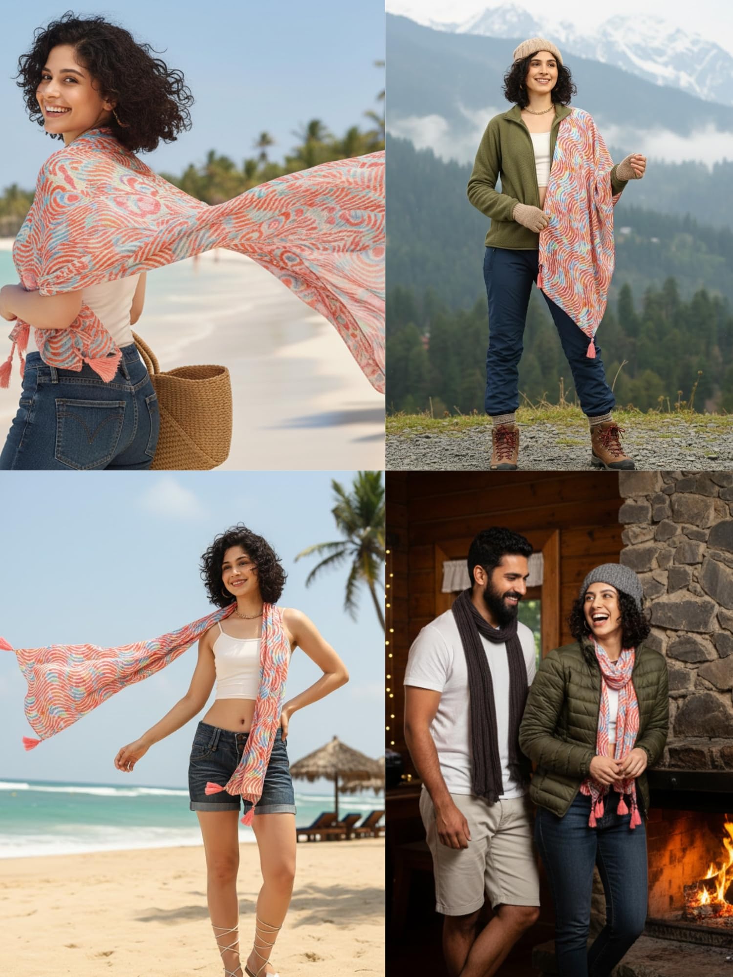 KE KANHA EXPORTS Scarf for Women Boho | Border Print Stylish | Stole for Women Breathable Summer Beach Wrap with Tassels | Multicolour |180 x 50 cm FREE Scrunchie Included