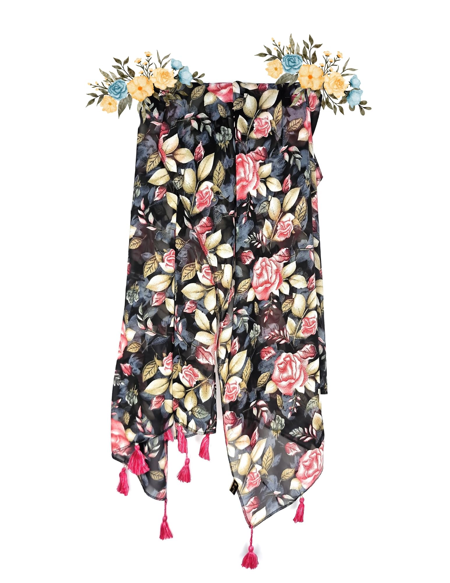 Chandwasia Fashion Floral Printed Scarf | Neck Shoulder Head Wrap Styling Dupatta Use | Polyester Chiffon Fabric Tassel Border Lightweight Soft Texture Pattern Women - Black/Pink
