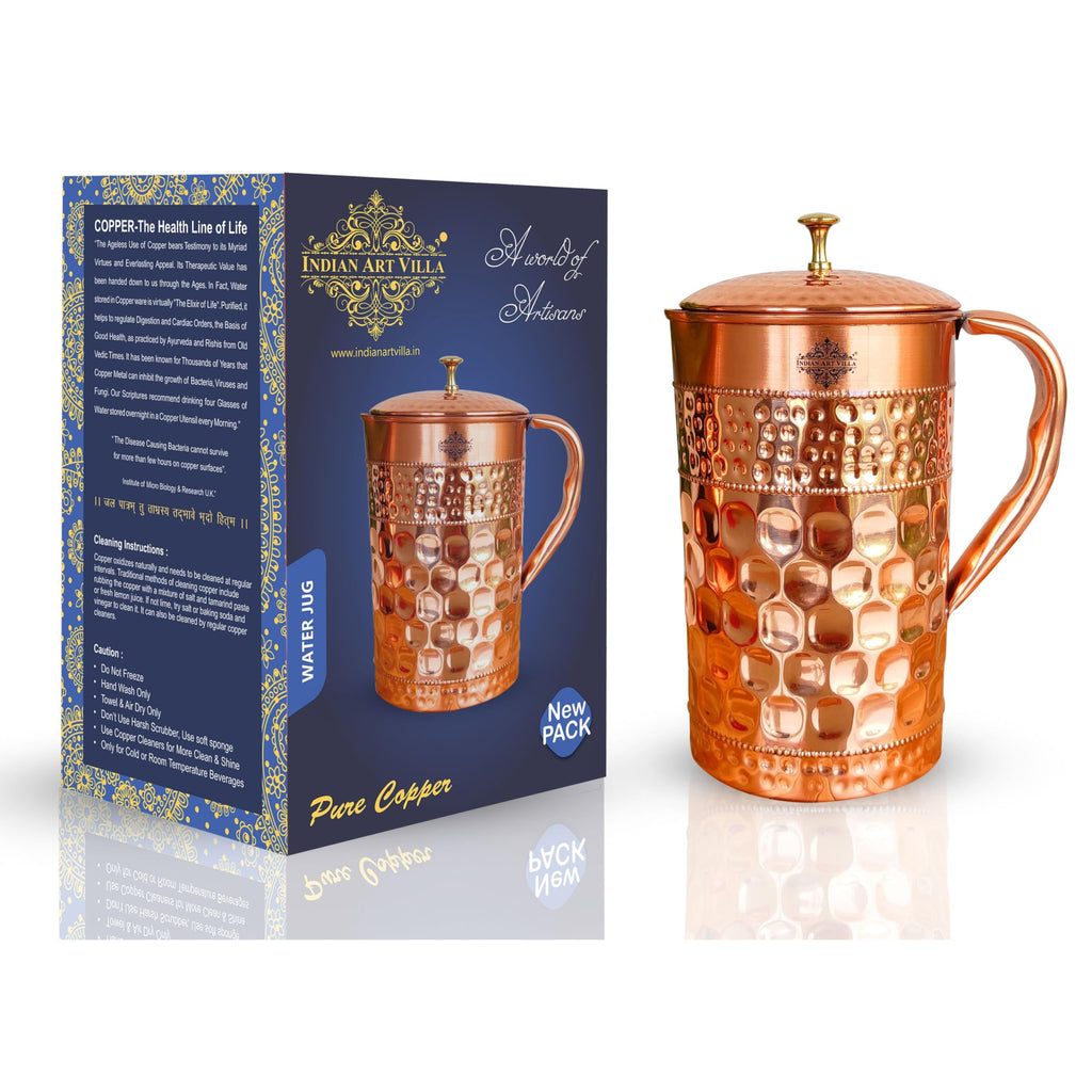 Indian Art Villa Pure Copper Jug/Pitcher with Diamond Hammered Beeding Design, Drinkware & Storage Purpose, Volume-1500 ML