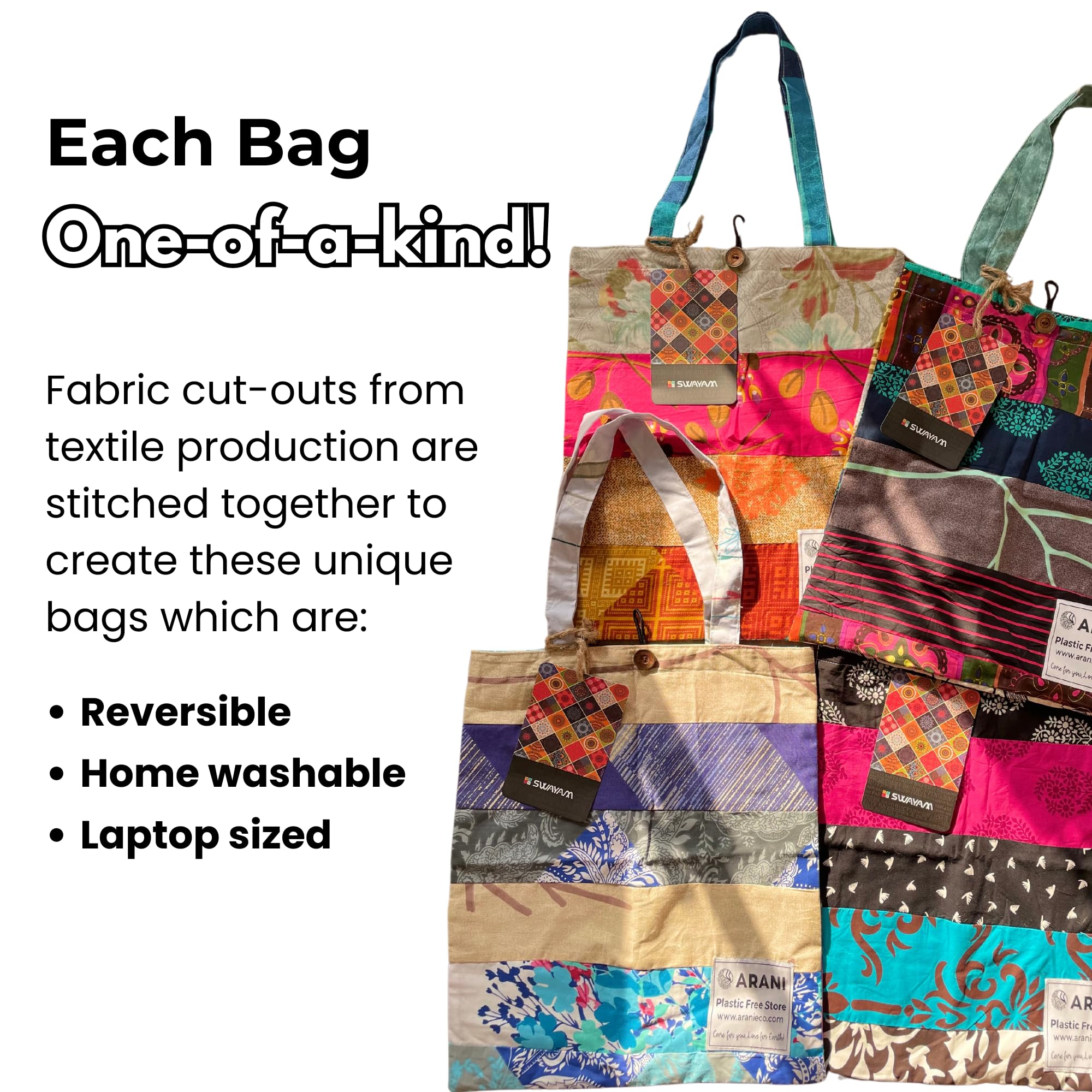 Arani Eco Upcycled Cotton Carry Bag | 13 * 15 inch | Reversible | Perfect for gifting | Made with fabric pieces from textile production | Created by senior design professionals at Swayam India