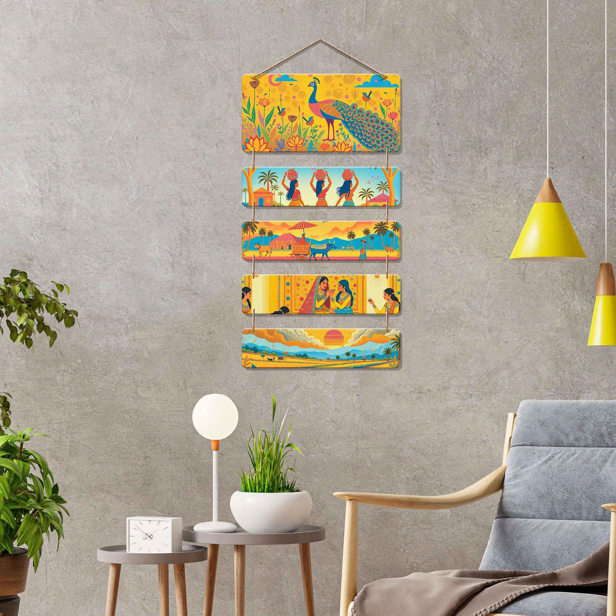 Artvibes Bride Sitting With Friends Village Theme Ethnic Indian Folk Art Decorative Wall Art MDF Wooden Wall Hanger for Living Room | Home Decor | Wall Illustrations | Art Print | Gift Item (WH_6714N)
