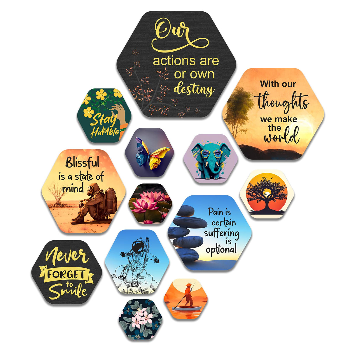 Artvibes Positive Quote Hexagon Shape MDF Wooden Wall Decor Items | Quotes Decor Item | Wall Illustrations | Office Decor | Wall Art Print | Inspirational quotes | Gift Items (WPS_212N), Set of 13
