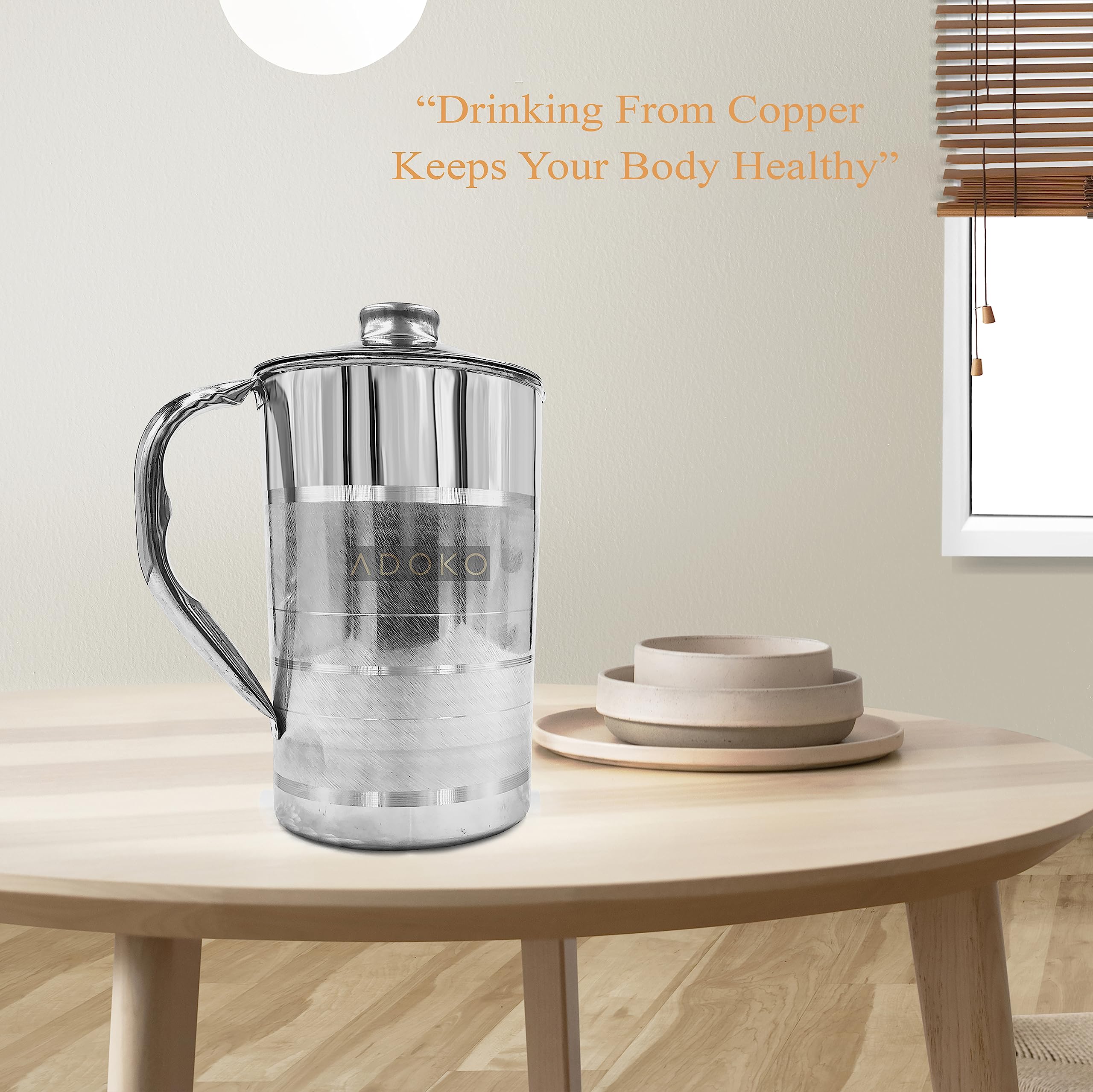 Adoko Premium Copper Lined Stainless Steel Water Jug Pitcher 1.5L | Ayurvedic Health Benefits, Luxury Design, Leak-Proof, Ideal for Serving & Storage