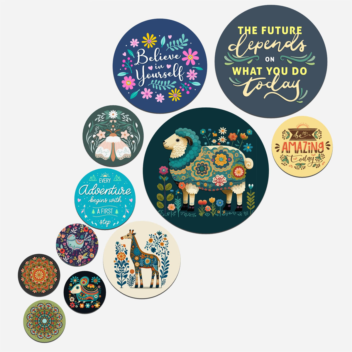 Artvibes The Future Depends On What You Do Today Round Shape MDF Wooden Wall Decor Items | Motivational Wall Decor | Wall Accent | Gift Items | Office Wall Decoration Items (WPS_146N), Set of 11