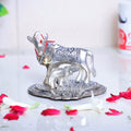 KridayKraft Kamdhenu Cow,Calf with Bal Gopal Krishna Metal Statue for Good Luck,Feng Shui As Table Top Figurine,Vastu,Religious Gau MATA Idol Home,Office&Table (Silver, Small)