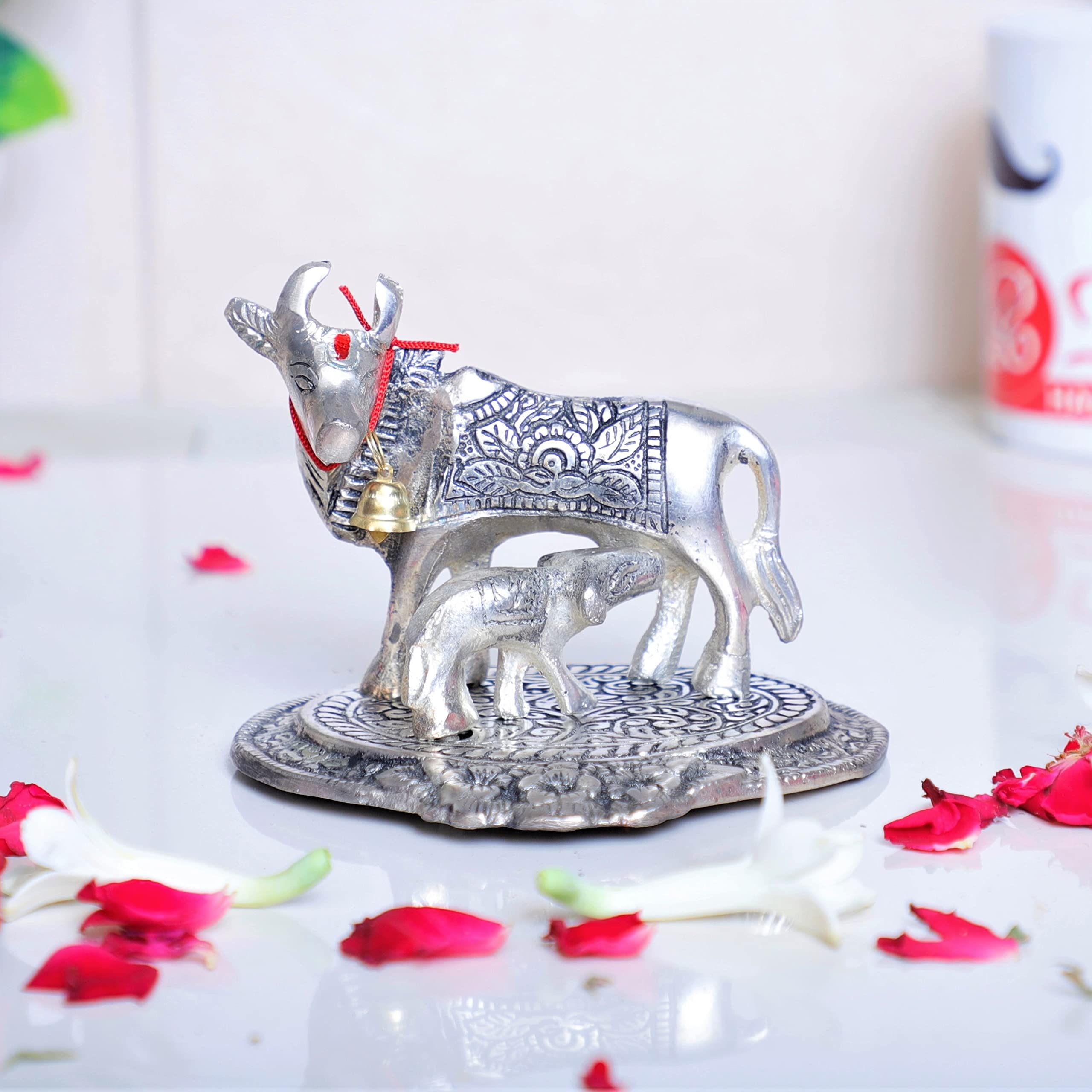 KridayKraft Kamdhenu Cow,Calf with Bal Gopal Krishna Metal Statue for Good Luck,Feng Shui As Table Top Figurine,Vastu,Religious Gau MATA Idol Home,Office&Table (Silver, Small)