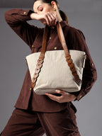 ENSAC Premium Cotton Jute Tote Bag for Women, Stylish Handbag for women with Zip Closure | Fit for Office Bag, College, Travel Use | Handcrafted in India (Beige)