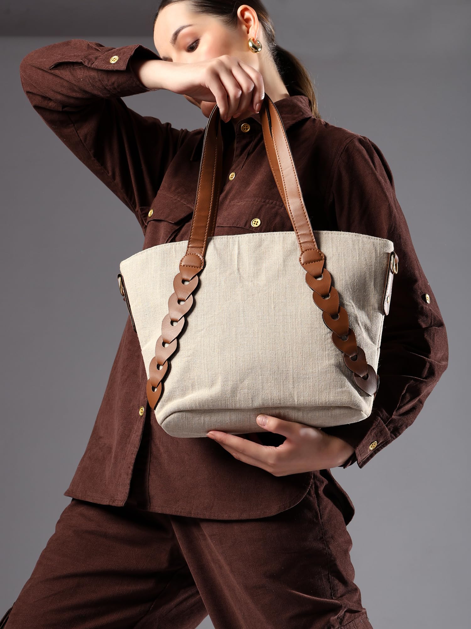 ENSAC Premium Cotton Jute Tote Bag for Women, Stylish Handbag for women with Zip Closure | Fit for Office Bag, College, Travel Use | Handcrafted in India (Beige)