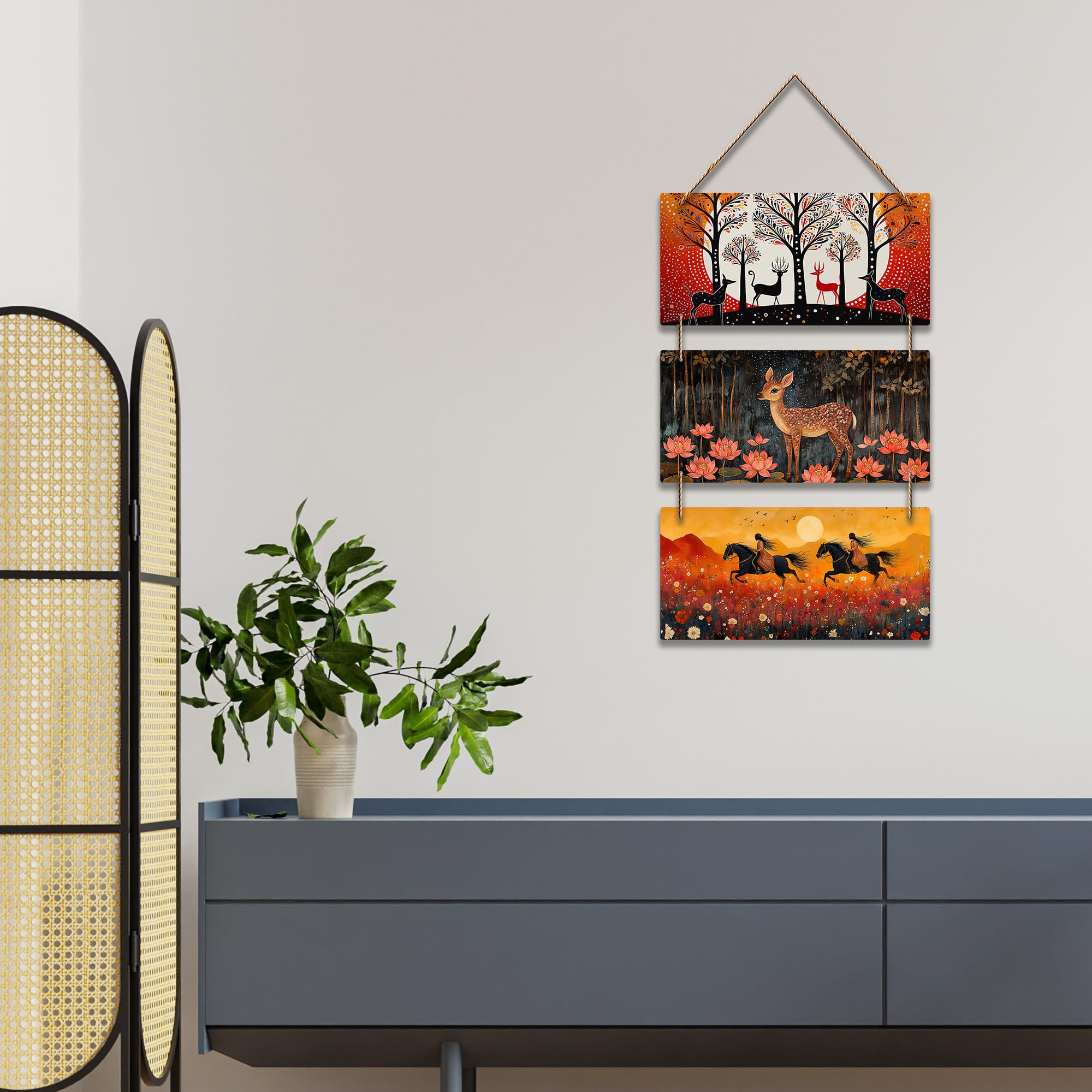 Artvibes Deer & Horses in Sunset Mystical Modern Art Decorative MDF Wooden Wall Art for Home | Art For Wall | Wall Sculpture | Signs & Plaques | Aesthetic Wooden Decor | Unique Gift Items (WH_9452N)