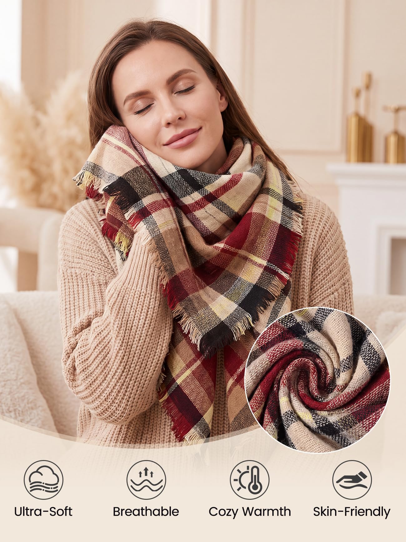 American Trends Trendy Plaid Scarfs Womens Warm Pashmina Fall Winter Soft Chunky Tartan Wrap Shawl Cozy Checked Blanket Navy w Red w Yellow