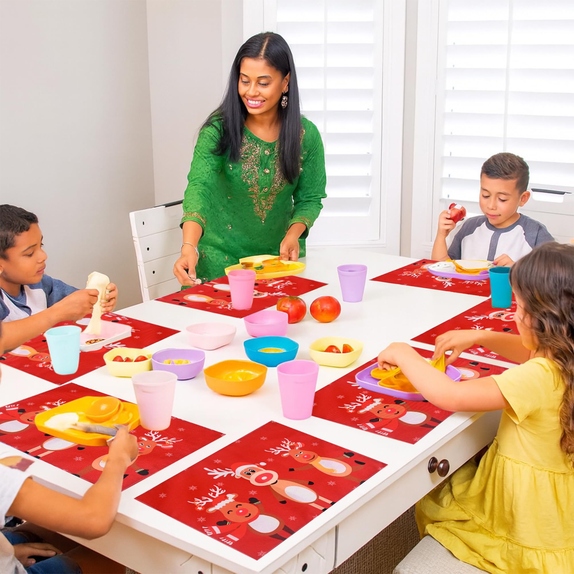 PRAKARTIK BY INDUARTS Dining Table Mats Set of 6 - Reindeer Christmas Theme,Digital Print, Washable, Indoor/Outdoor, Heat-Proof, Water Resistant, Wipe & Clean (47X33 cm) Red Kafalo