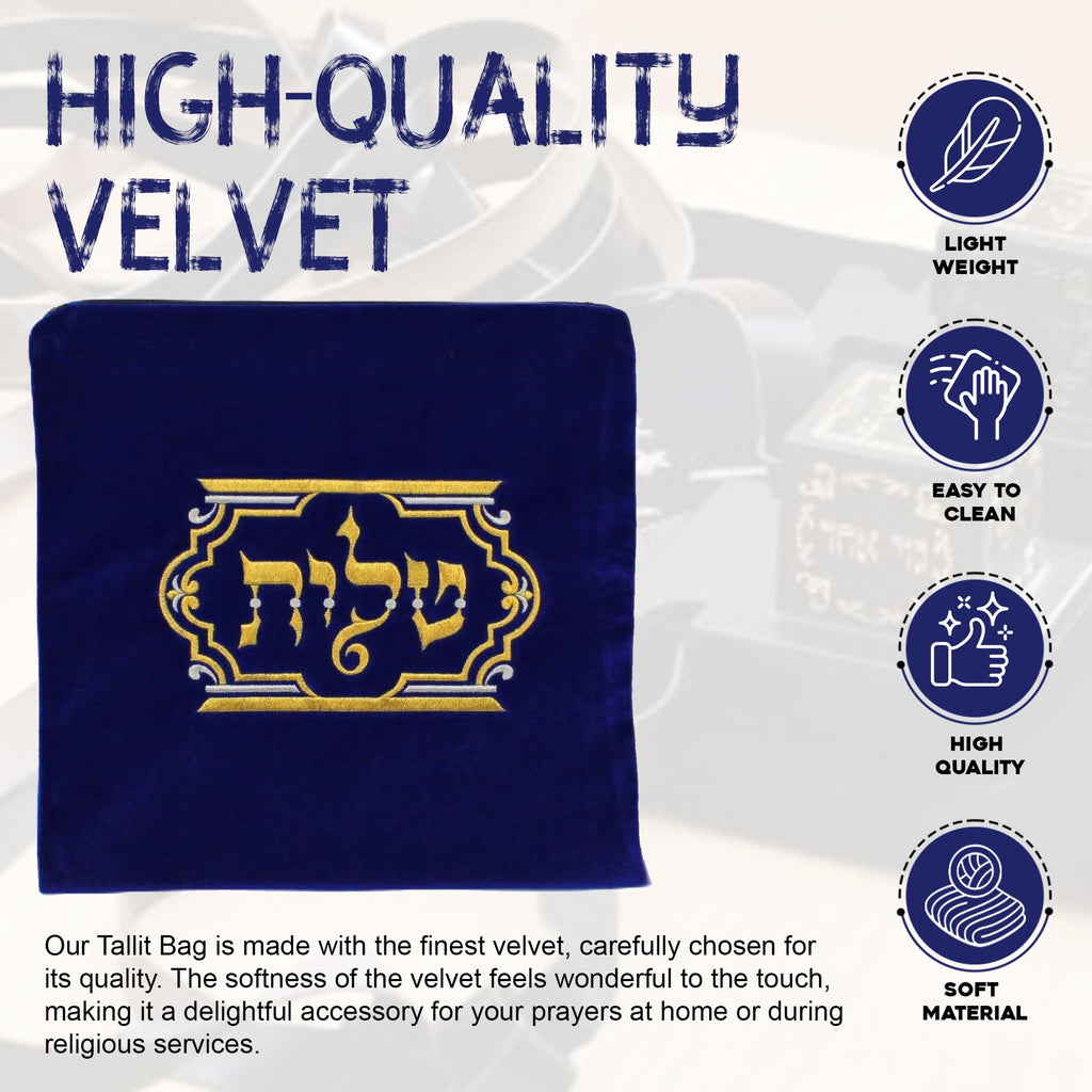 Majestic Giftware Royal Blue Velvet Tallis Bag for Jewish Prayer Shawl - TB400MRB | (12.5 x 11.5) Judaica Tallit Bag | Embroidery Crown Design (Gold/Silver)