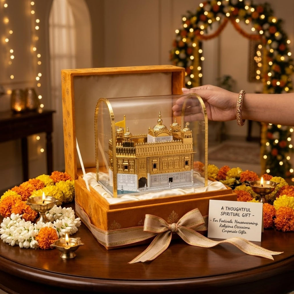 Golden Temple Replica Model with Acrylic Display Case, Inbuilt Mool Mantar Speaker, Gold & Silver Finish Decorative Showpiece for Home, Office & Religious Gift, 7 x 9 x 5 Inches