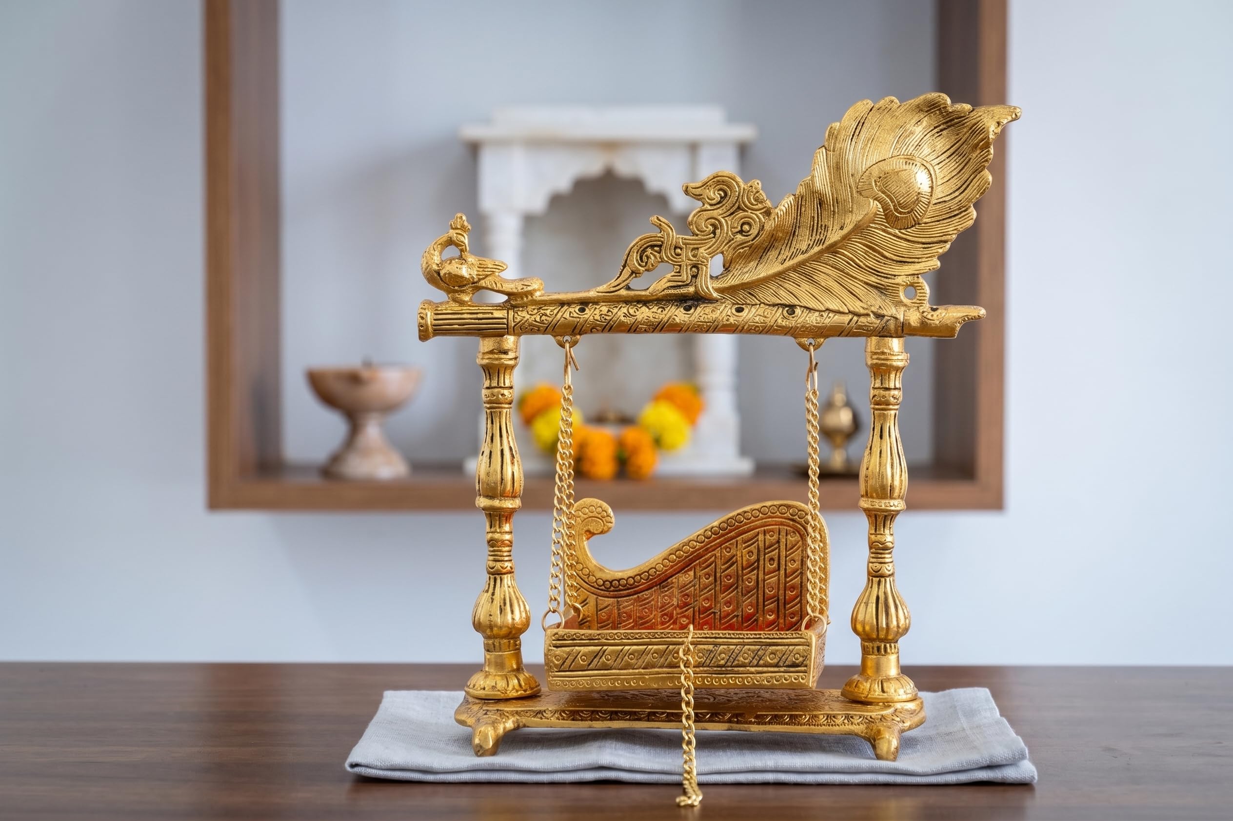 KridayKraft Aluminium Pankhi Jhula for Laddu Gopal | Gold Plated Krishna Palna for Home Mandir & Temple Decor | Religious Showpiece.