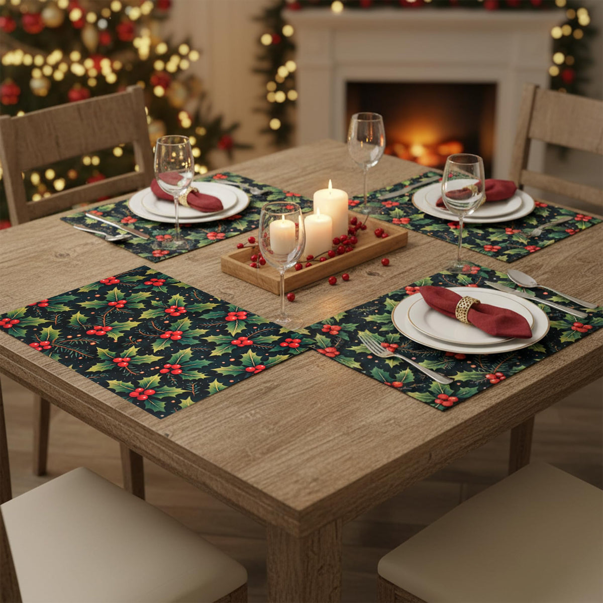 PRAKARTIK BY INDUARTS Dining Table Mats Set of 4 - Cherry Christmas Leaves Theme,Digital Print, Washable, Indoor/Outdoor, Heat-Proof, Wipe & Clean (47X33 cm) Red & Green Kafalo