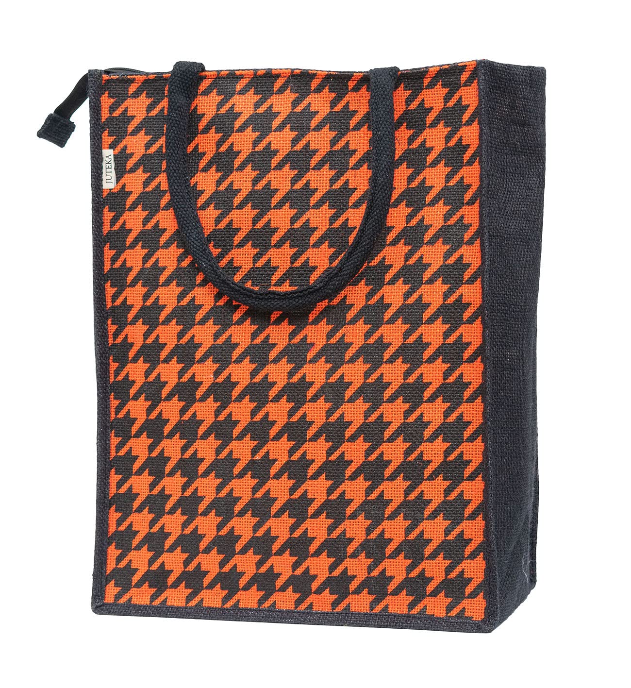 JUTEKA Orange Houndstooth Printed Jute Lunch Bag, Grocery Tote, Hand Bag, Picnic Bag for Men, Women, Girls, Kids with Zip