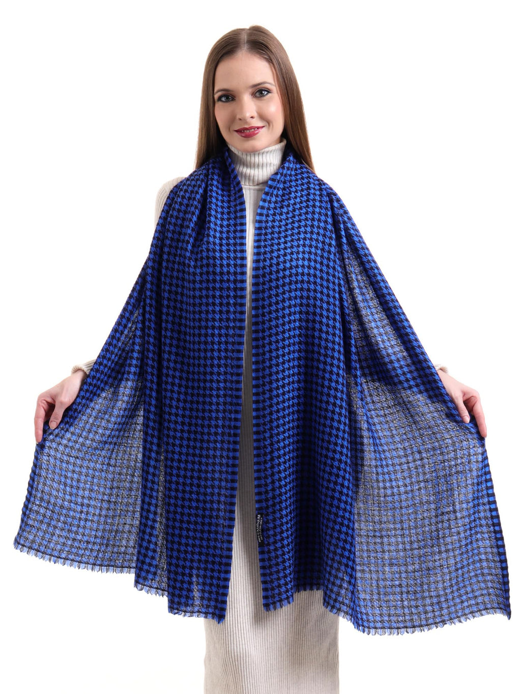EH 100% Pure Cashmere scarf, stole Houndstooth, warm large buttery soft Pashmina (COBALT BLUE & BLACK)