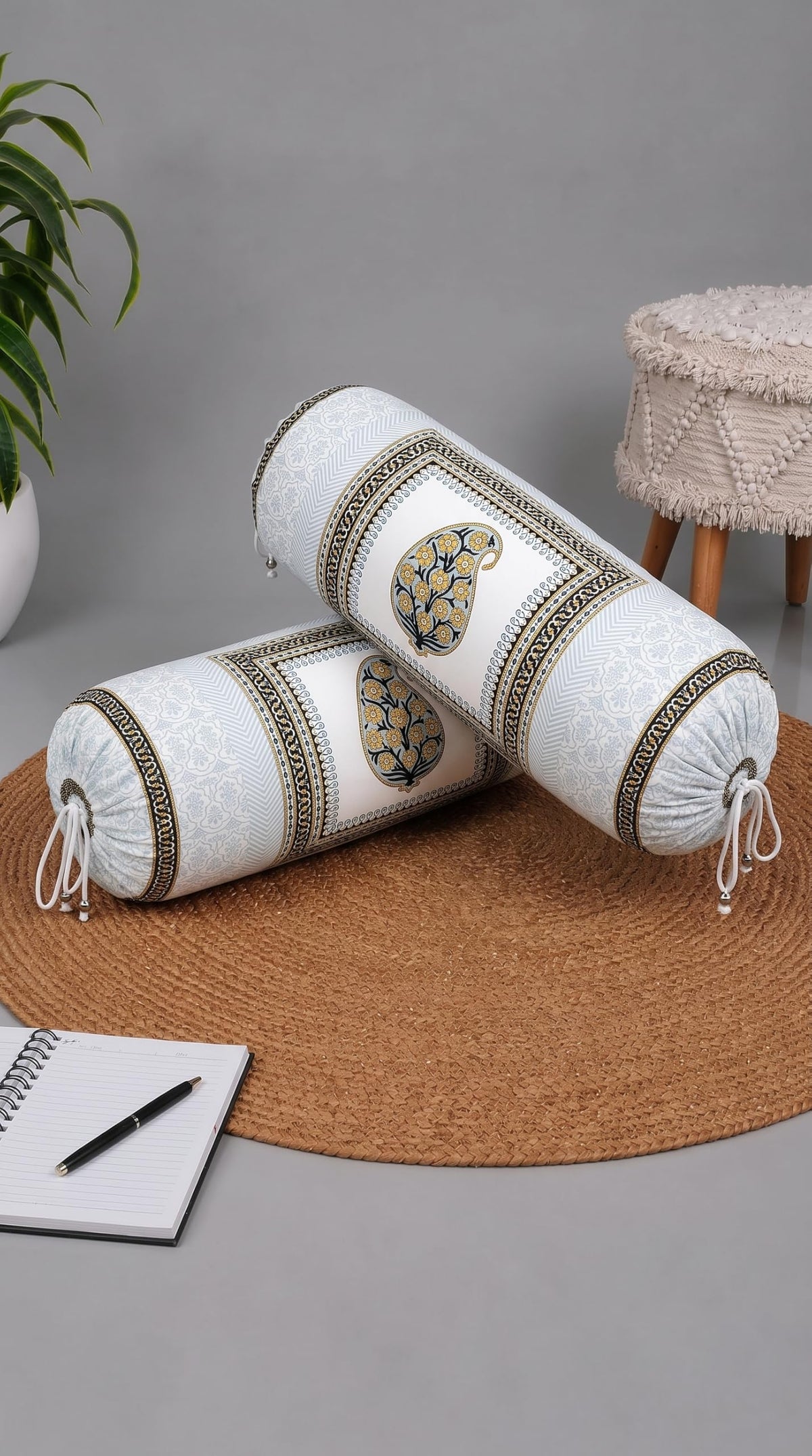 BLOCKS OF INDIA Cotton Hand Block Printed Bolster Cover | Booster Cover with Drawstring | Round Long Pillow Cover for Bed | Dewan Pillow Cover Set 16 X 32 | Set of 2 (Color 45)
