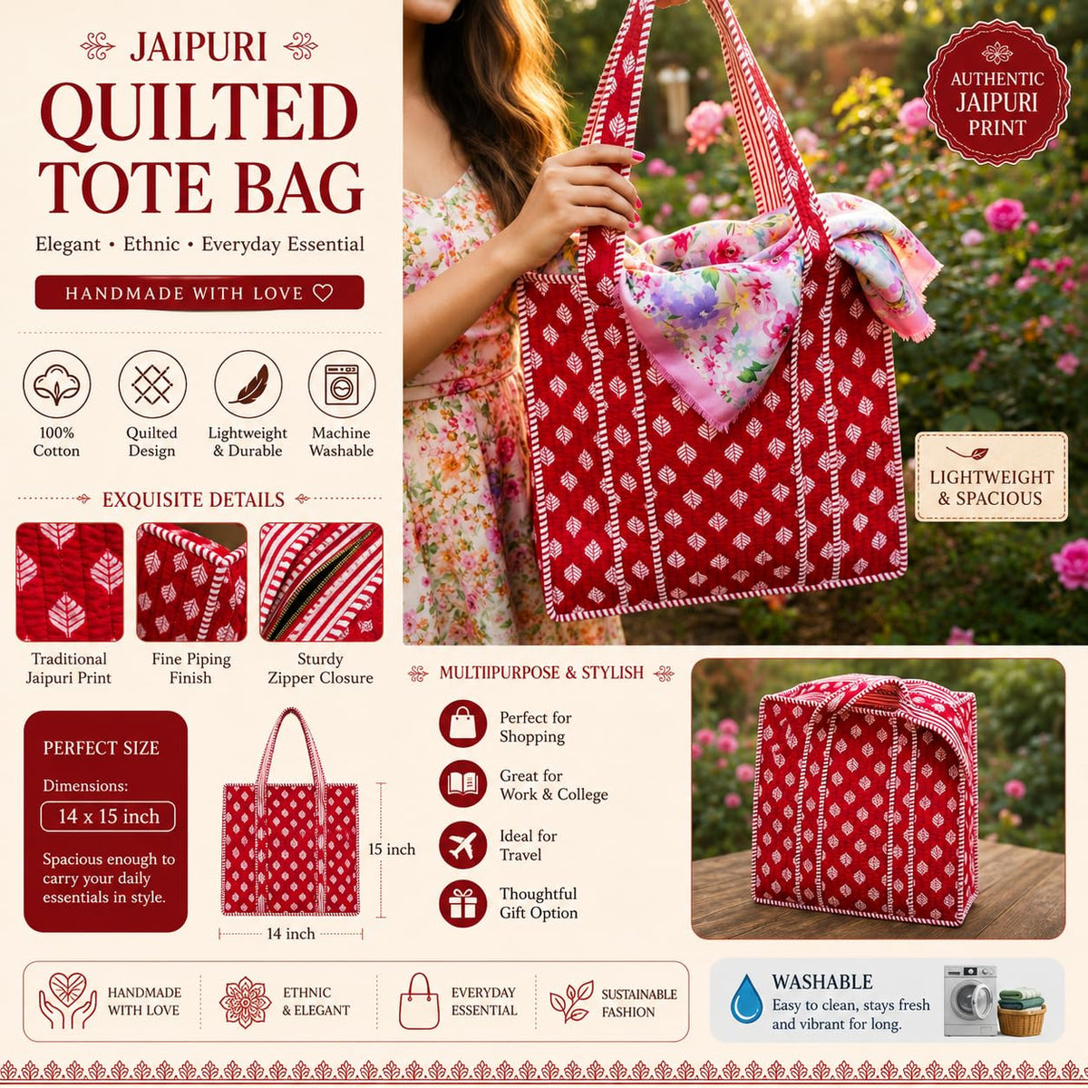 Cotton Tote Bag for Women – Large Reusable Grocery, Shopping, and Daily Carry Bag with Durable Handles and Stylish Patterned Design – Multipurpose Bag for Everyday Use