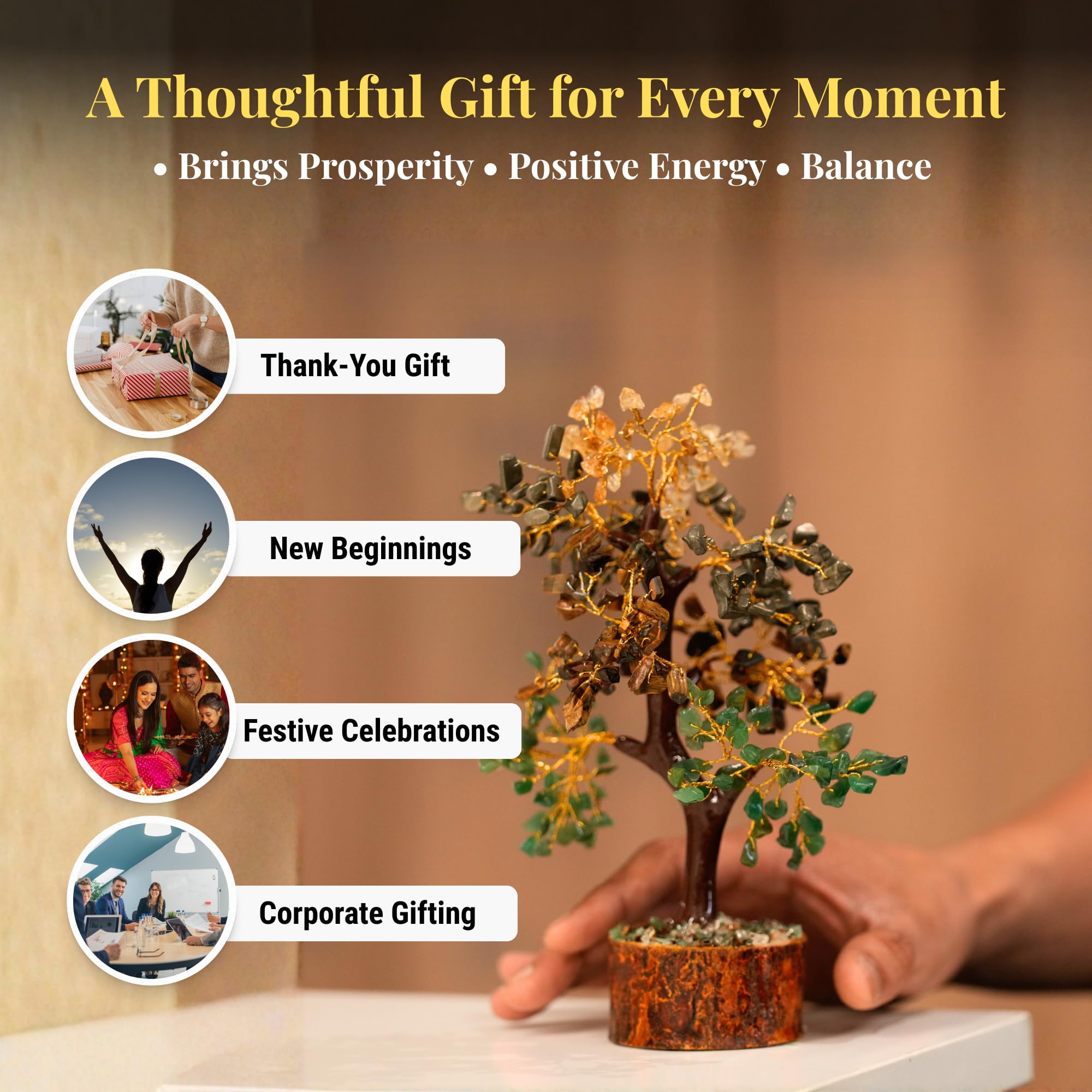 Money Magnet Crystal Tree with Pyrite, Tiger Eye, Citrine & Green Aventurine for Wealth, Abundance, Financial Growth, Success & Positive Energy | Vastu Decor for Home & Office