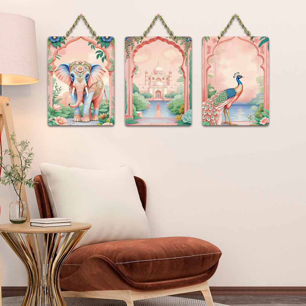 Artvibes Taj Mahal, Peacock & Elephant Royal Indian Modern Art Wooden Wall Hanger for Home Decor | Handcrafted Art | Aesthetic Wooden Decor | Graphic Artwork | Unique Gift (WH_9655NN), Set of 3
