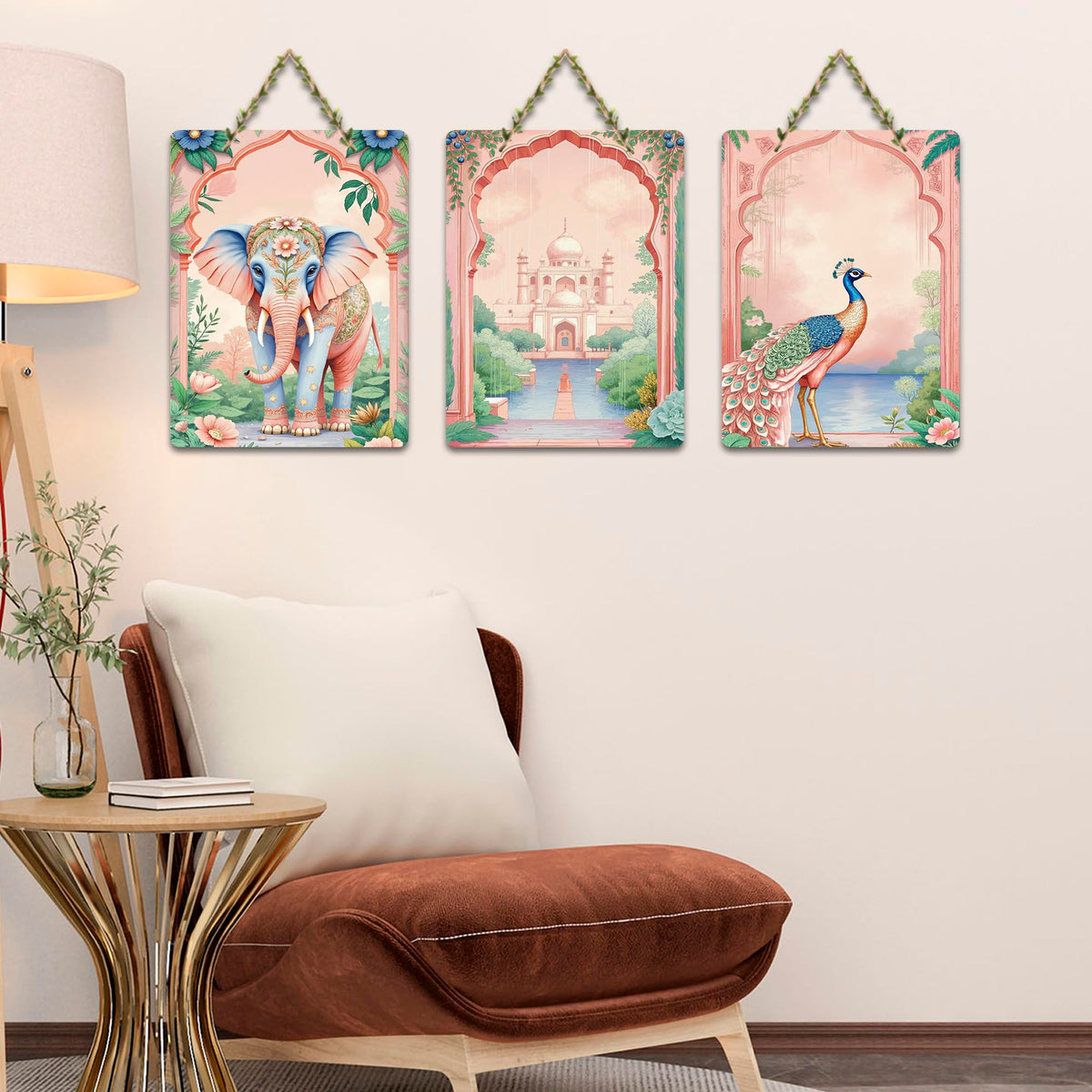 Artvibes Taj Mahal, Peacock & Elephant Royal Indian Modern Art Wooden Wall Hanger for Home Decor | Handcrafted Art | Aesthetic Wooden Decor | Graphic Artwork | Unique Gift (WH_9655NN), Set of 3