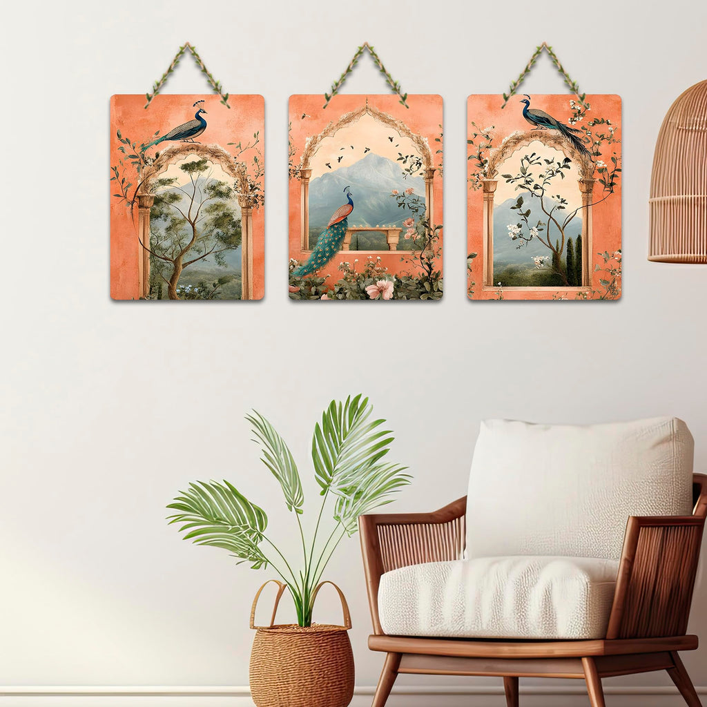 Artvibes Peacock for Bedroom Wall Decor Decorative Wall Hanging Ornaments | Wall Sculpture | Signs & Plaques | Handcrafted Art | Wall Art Print | Art For Wall | Unique Gift Items (WH_96104N), Set of 3