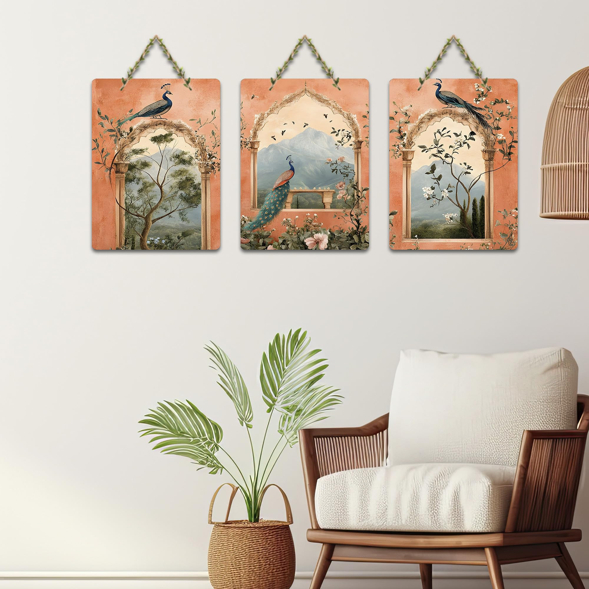 Artvibes Peacock for Bedroom Wall Decor Decorative Wall Hanging Ornaments | Wall Sculpture | Signs & Plaques | Handcrafted Art | Wall Art Print | Art For Wall | Unique Gift Items (WH_96104N), Set of 3