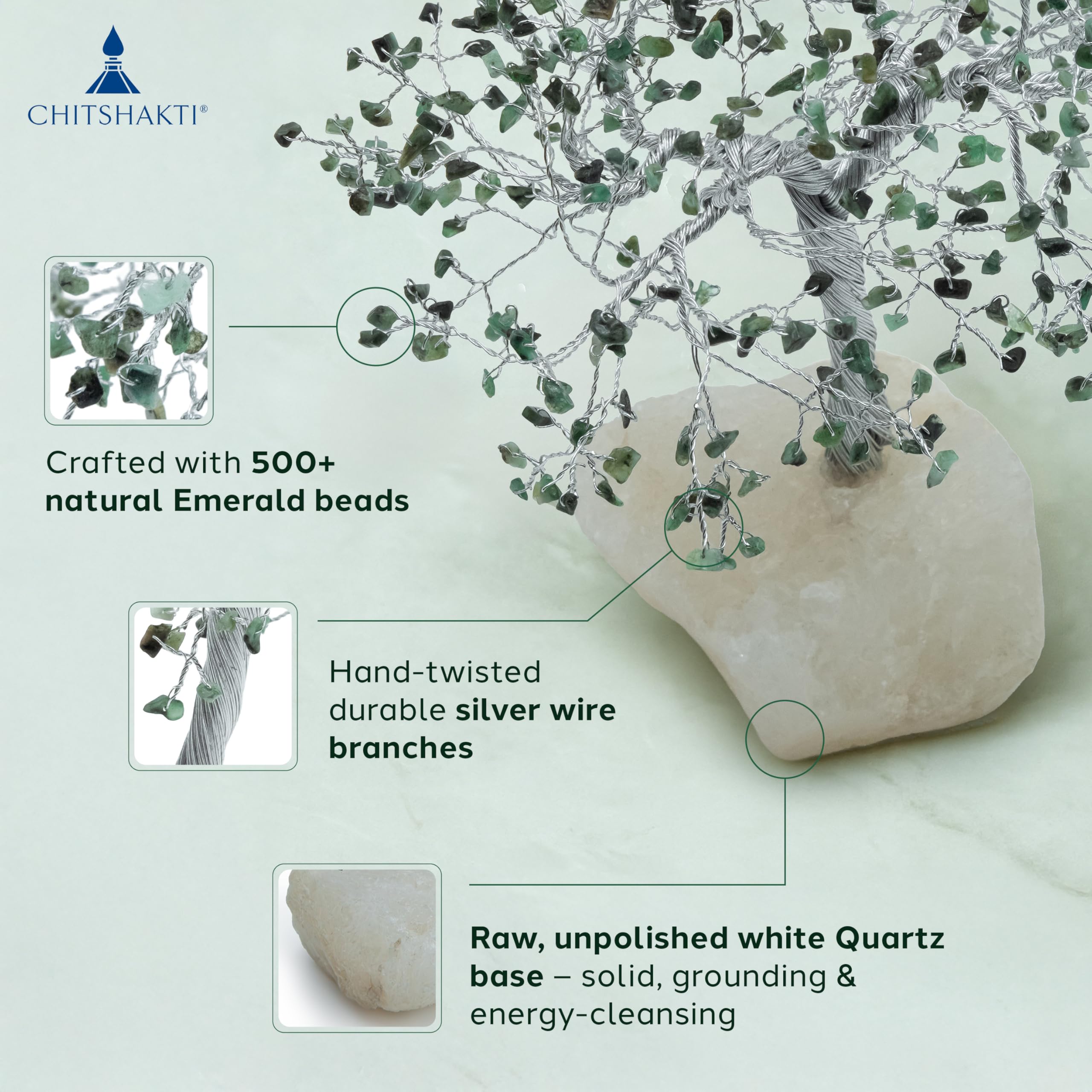 Chitshakti Emerald Crystal Tree – 500 Beads | Rakhi Return Gift for Brothers and Sisters | Positive Energy Items for Home | Healing Gemstone Tree for Prosperity | Feng Shui Home Decor Showpiece